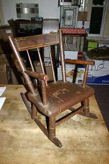 Antique Childs Wooden Plank Bottom 24 Inch Rocking Chair With Arms