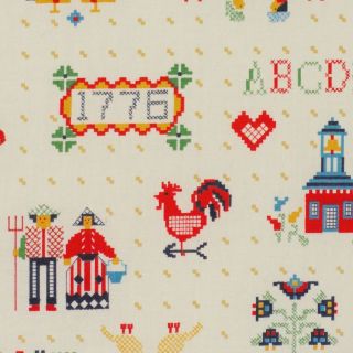   Early American Sampler School House Flag Cotton Quilt Fabric