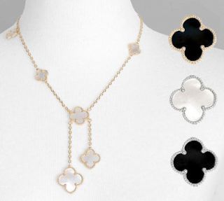 Quatrefoil Lariat Necklace Silver Gold Dangling Mother of Pearl Black 