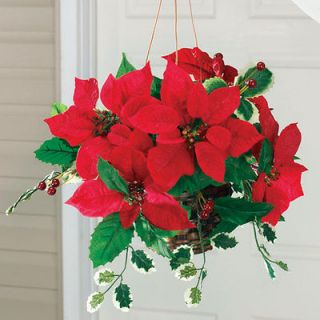 Poinsettia Hanging Basket Lifelike Christmas Holiday Decor Flowers NEW 