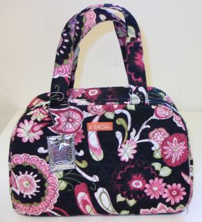 Sachi quilted fabric insulated lunch bag tote purse black w pink 