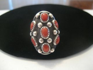   Ildefonso Pueblo Sterling Red Coral Cluster Ring, J. Roybal, c1960s