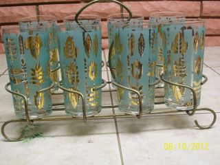 RETRO TURQUOISE WITH GOLD 5 1/2 DRINKING GLASSES WITH CADDY/WIRE RACK 