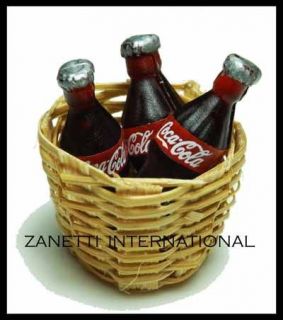 Dollhouse Miniature Basket of 3 Coca Cola Bottles * Doll House Food 