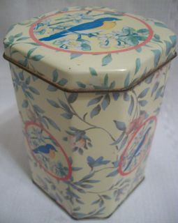 Unusual Vintage Meister Tin   Pale Yellow & vines w/Bright Blue 