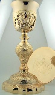   Ornate Coronation Church IHS Chalice Goblet Cup & Gold Paten Gift Set