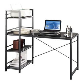 Contemporary Glass Top Computer Desk with 4 Shelf Bookcase   Black 
