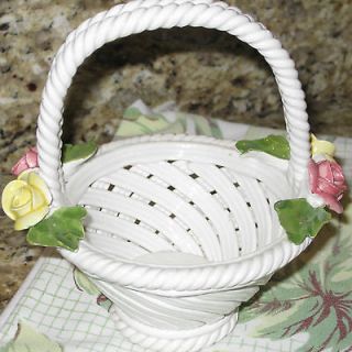   Porcelain Porcellane Flower Basket White Ceramic w/ tag Roses