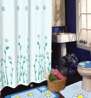 PC SET Bathroom rug with Shower Curtains DAISY Blue Bath Mat Rug