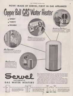 1950 VINTAGE SERVEL AUTOMATIC GAS WATER HEATER FIRST IN GAS PRINT AD