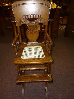 Antique Oak High Chair / Rocker Pressed back / cane seat Childs Made 