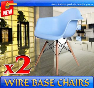 Blue Set of 2 Arm Mid Century Wood Base Chairs Modern Shell Plastic 