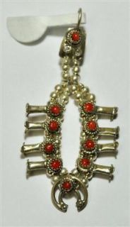 Navajo Coral Sterling Silver Squash Blossom Pendant   Larry Curley