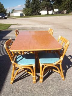   1950s Rattan Drop Leaf Dining Table & 4 Chairs Retro Mid Century
