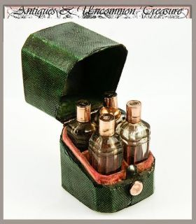   Antique Georgian Era 18K Gold & Shagreen Etui, 4 Perfume Flasks, Box