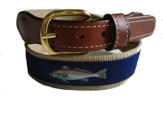 Mens Embroidered Leather Canvas Fishing Belt Redfish Red Fish 