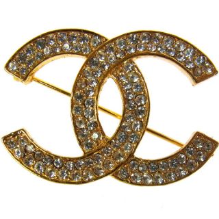 Auth CHANEL Vintage CC Logos Brooch Pin Gold tone Corsage Rhinestone 