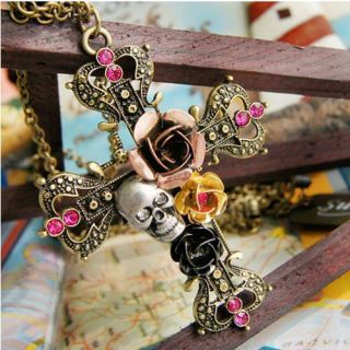   Cross Bead Skull Wooden Necklace Pendant Chain Jewelry Women Gift