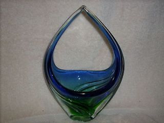 MURANO Italy Blue Green Basket Vase Sommerso Style Vintage Red Tag