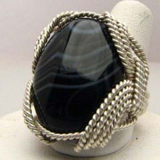 Hand Made Wire Wrap Stripped Onyx Sterling Silver Ring