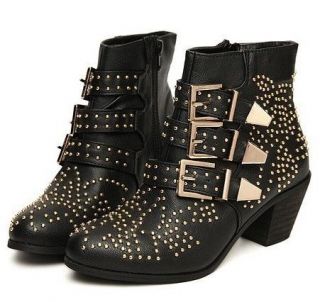 Womens fashion studded buckle cuban heels shoes ankle boots