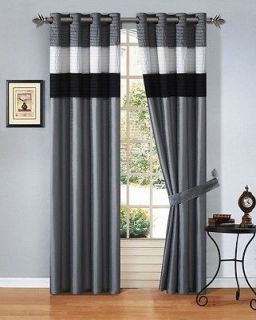   Silk Grey Black White Window Curtain Panel Set w/ White Sheer Lining