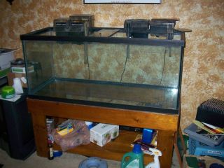   Used) 75 Gallon Fish Tank w/ Custom Made Finished Wood Stand + Filters