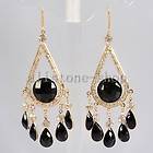   Water Drop Black Resin Beads Crystal Dangle Chandelier Earrings AS0538