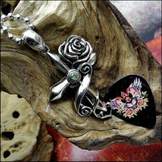 Guitar Pick Holder Pendant, Necklace Floral Cross, Green Gem, Wings 