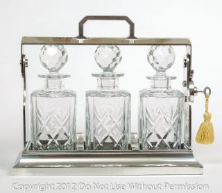   Antique Silver Plate Tantalus with 3 Cut Glass Lead Crystal Decanters