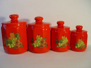   Orange Canister Set Flower/Fruit Design 1960s Retro Kitchen Decor