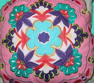   MEDALLION EMBROIDERED THROW decorative PILLOW * new PINK, TEAL