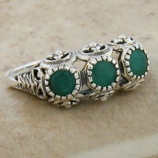 NATURAL EMERALD ANTIQUE DECO STYLE .925 STERLING SILVER FILIGREE RING 