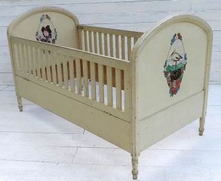 ART DECO FRENCH CHILDS COT BED DROP RAILS STORK PAINTED SHABBY CHIC 