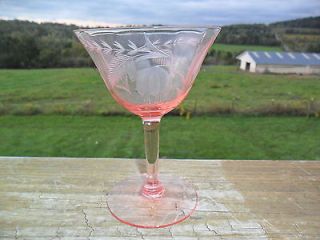 Pink Etched Depression Wine Glass Floral with Panels