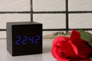   Cube Blue Digits Digital LED Wooden Wood Alarm Clock With Adapter 668