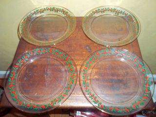 Arby Arbys Christmas 4 Holly Berry Gold Rim Glass 8 Inch Lunch Plates 