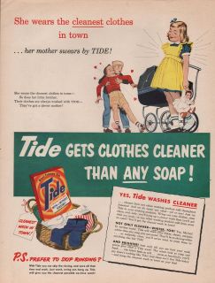 1951 VINTAGE TIDE WASHING DETERGENT GETS CLOTHES CLEANER PRINT AD