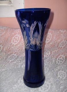   Bohemian Cobalt Blue Lead Crystal Art Cut Glass Vase Laurel Wreath