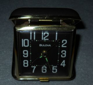 Vintage Bulova Travel Alarm Clock In Folding Case B6118 Wind Up Glows 