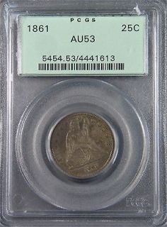 1861 Seated Liberty Quarter Dollar PCGS AU53 Old Green Holder