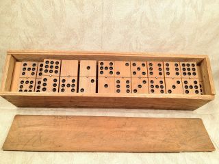 Antique Wood Dominoes Set with Wood Case Each Has Metal Pin in Middle