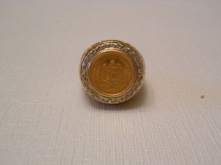Mens 14k Yellow Gold Nugget Ring with Dos Persos coin and Diamonds
