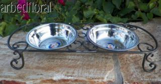 Scroll Wrought Iron Pet Dog Feeder Double Dish S/Steel Bowls