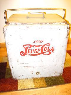 Old DRINK PEPSI COLA Cooler, Handled Lid, Metal Lined, Drain, 2 Logos 