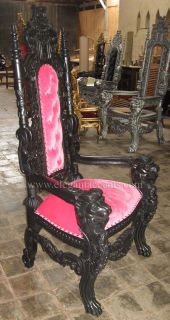   Mahogany Queen Lion Gothic Throne Chair Black Paint with Pink Velvet