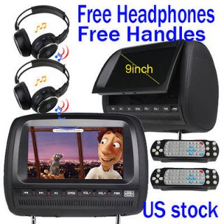 DUAL GRAY 9 CAR HEADREST DVD RADIO USB SD PLAYER FREE HEADPHONES  