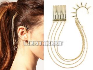   Gold Tone Spike Ear Cuff Hair Comb Multi chain Earrings Party Gift