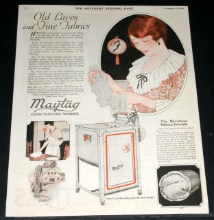   MAGAZINE PRINT AD, MAYTAG CABINET ELECTRIC CLOTHES WASHER, LACES ,ART