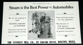   MAGAZINE PRINT AD, STANLEY ENGINES, BOILERS & BURNERS, FOR STEAM CARS